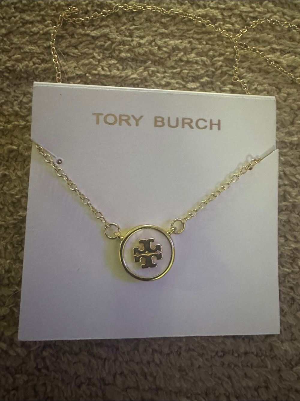 Tory Burch Gold and White Round Logo Pendant Necklace